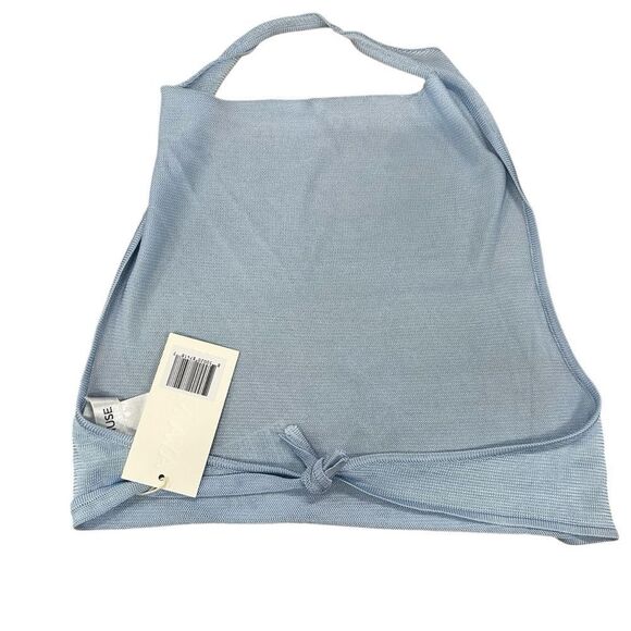 New Aya Muse Cinnabar Knit Tied Draped Halter Crop Top XXS Light Sky Blue - Picture 4 of 6